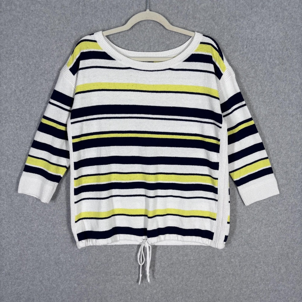 T by Talbots Sweater Medium White Navy Yellow Striped Terry Knit Cotton Nautical